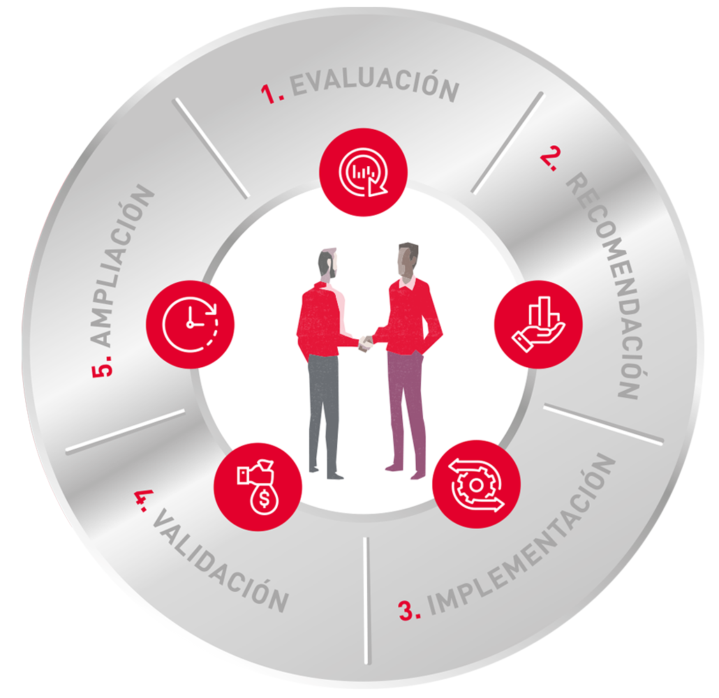 AIP Value Cycle, Evaluation, Recommendation, Implementation, Validation, Extension, Spanish