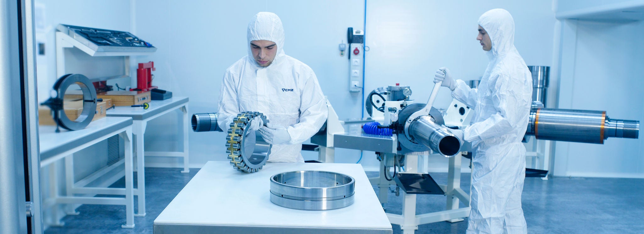 NSK double-row cylindrical roller bearings being prepared for assembly to the spindles of CMZ lathes under clean room conditions