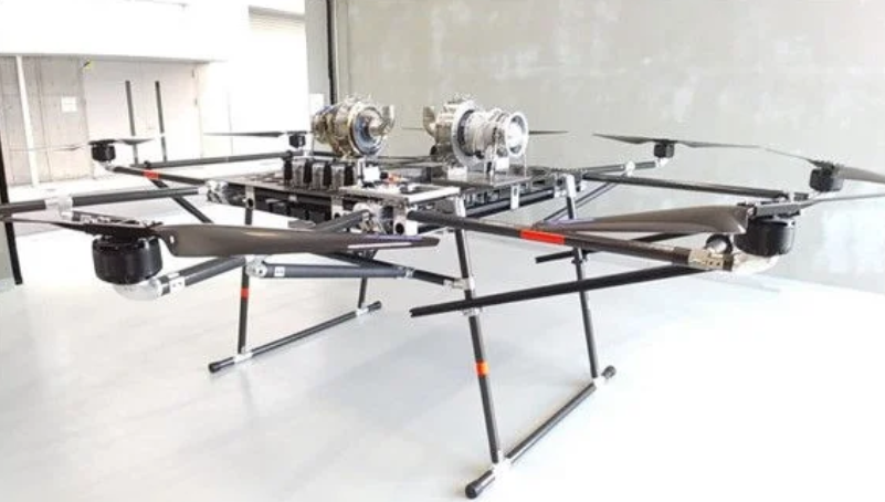 High payload emergency supply delivery drone equipped with a gas turbine generator