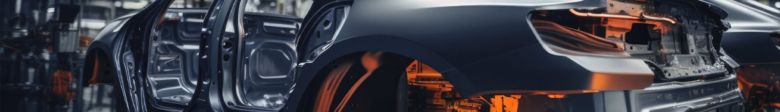 Still image of car manufacturing process, with the car's bodywork being assembled.