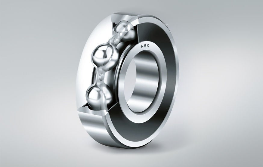 Cutaway of an NSK deep groove ball bearing featuring DU seal technology